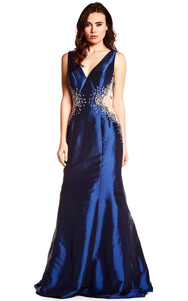 Sleeveless Beaded Maxi V-Neck Satin Prom Dress With Deep-V Back