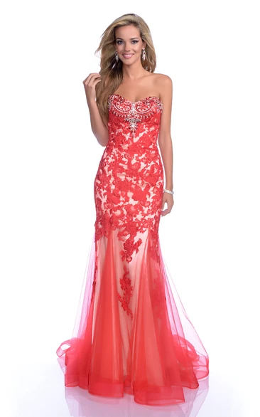 Sleeveless Mermaid Tulle Gown Featuring Rhinestones Bust And Lace Appliques