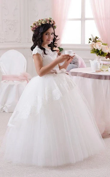 Flower Girl Princess Scalloped Neck Tulle Ball Gown With Lace