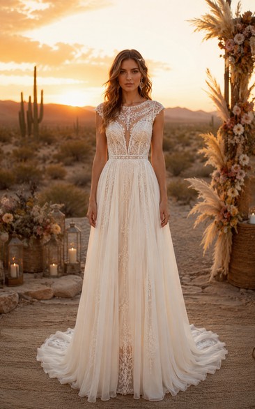 Country Modest A-Line Wedding Dress Sleeveless Jewel Neck Bateau Neck Lace Chiffon Applique Floor Length Chapel Train Ivory