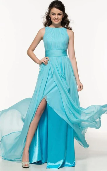 A-Line Bateau Pleats Split-Front Prom Dress
