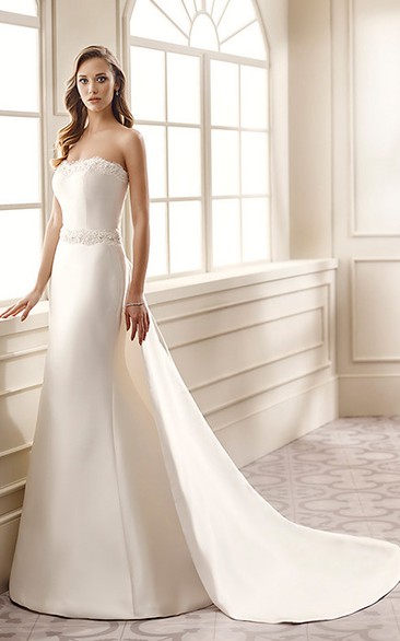 Sheath Strapless Beaded Maxi Sleeveless Satin Wedding Dress With Waist Jewellery