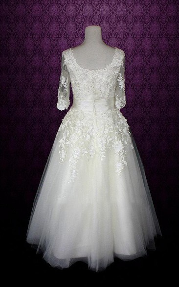 V-Neck Half Sleeve Low-V Back Tulle Tea Length Wedding Dress With Sash And Appliques
