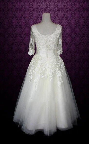 V-Neck Half Sleeve Low-V Back Tulle Tea Length Wedding Dress With Sash And Appliques