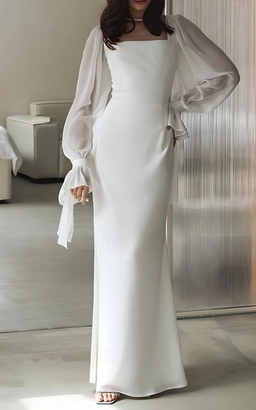 Minimalist Square-Neck Wedding Dress with Bishop Sleeves