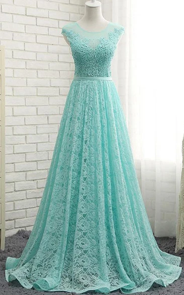 Scoop Neck Cap Sleeves Appliques Sequins Prom Dress