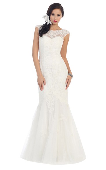 Mermaid Maxi Bateau Cap-Sleeve Lace Low-V Back Dress With Appliques