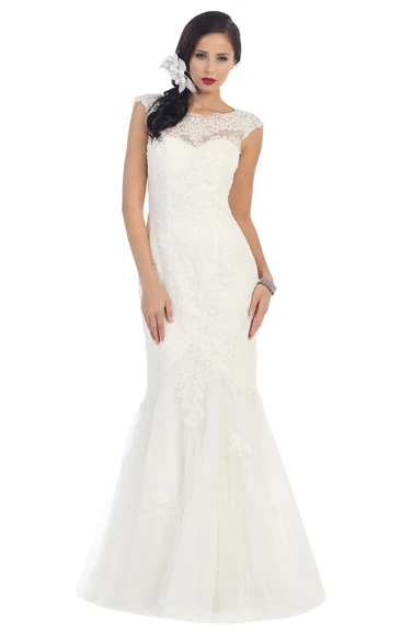 Mermaid Maxi Bateau Cap-Sleeve Lace Low-V Back Dress With Appliques