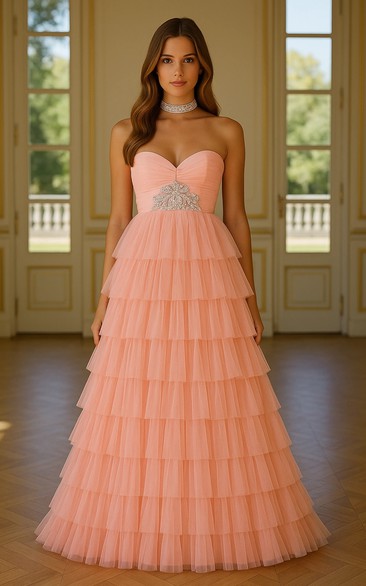 Sweetheart A-line Layered Ruched Dress with Beadings