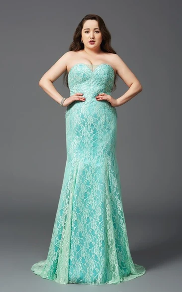 Sheath Floor-length Strapless Sleeveless Lace Brush Train Zipper Dress