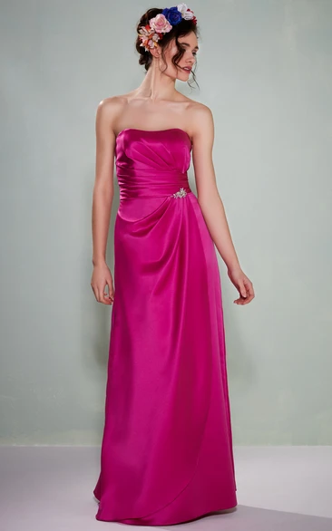 Floor-Length Ruched Strapless Satin Bridesmaid Dress With Waist Jewellery