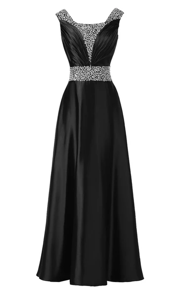 Sleeveless Pleated Satin Dress With Beading Belt and Trim