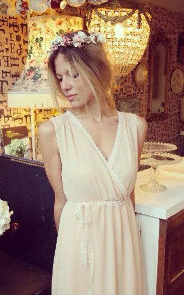 Lace V Neck Pleated A-line Chiffon Long Dress With Lace Sash