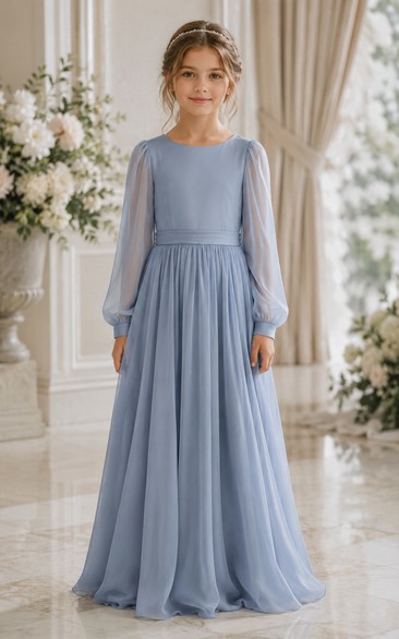 A-line Floor Length Long Sleeve Chiffon Flower Girl Dress with Steel blue chiffon sleeves and floor-length skirt