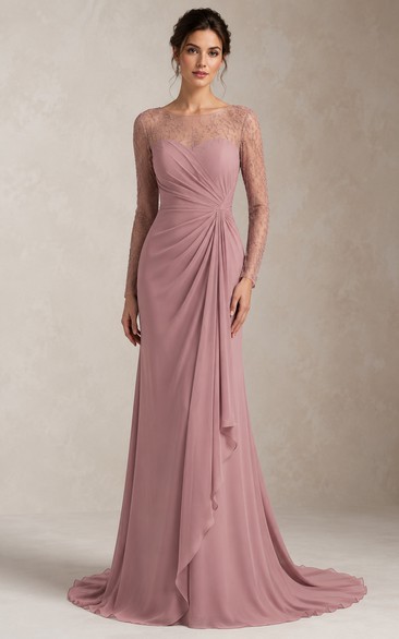 Vestido de noche de gasa color rosa empolvado con mangas largas transparentes y falda tubo drapeada.