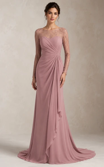 Robe de soirée en mousseline rose poudré avec manches longues illusion et jupe fourreau drapée