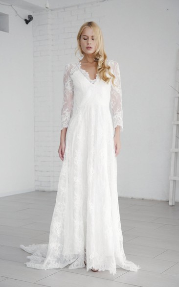 Lace A-line Long Sleeve Elegant Modest Wedding Dress With V-neck And Deep V-back
