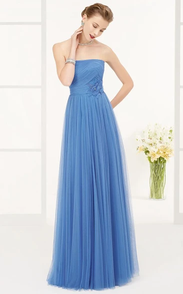 Strapless A-line Tulle Long Dress With Waist Flower And Pleats