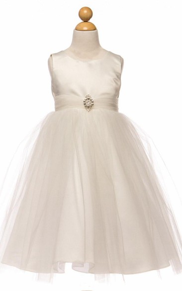 Tea-Length Beaded Tulle&Satin Flower Girl Dress With Broach