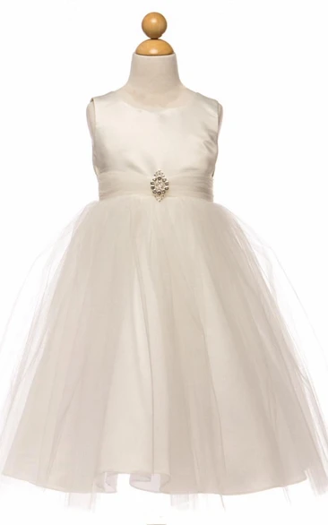 Tea-Length Beaded Tulle&Satin Flower Girl Dress With Broach