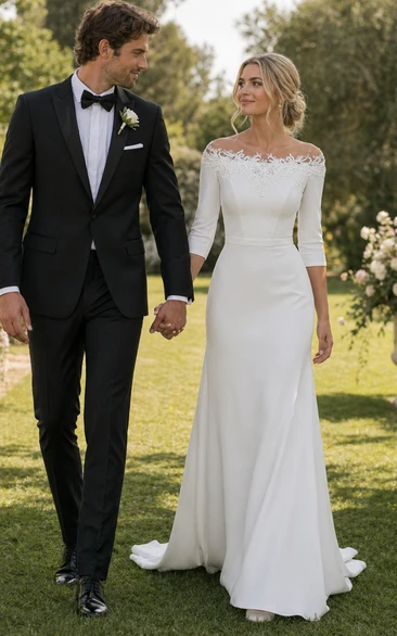 Simple Off-the-shoulder Sheath Sweep Train 3/4 Length Sleeve Modest Wedding Dress With Appliques
