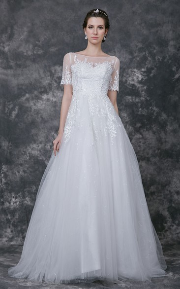Illusion Short Lace Sleeve Bateau Neck A-line Tulle Gown