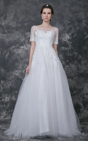 Illusion Short Lace Sleeve Bateau Neck A-line Tulle Gown