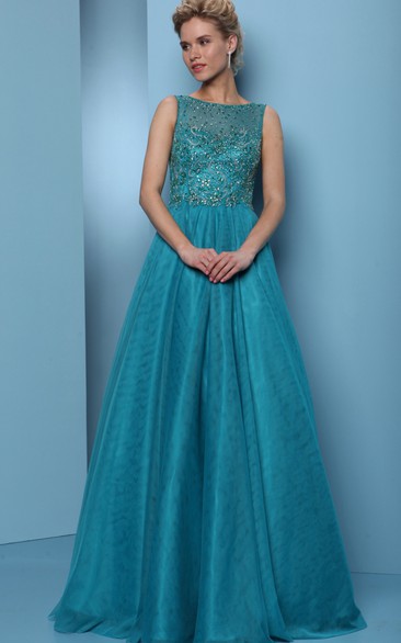 A-Line Jewel-Neck Sleeveless Beaded Floor-Length Prom Dress With Pleats