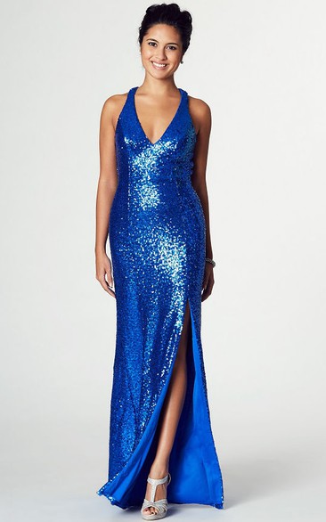 Split-Front Sleeveless V-Neck Sequin Prom Dress With Straps