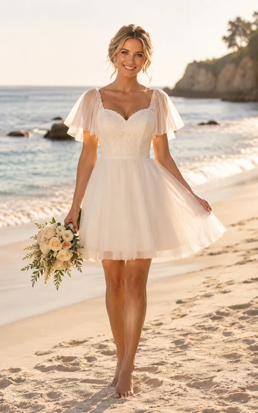 Ivory Short/Mini V-neck Tulle A-line Wedding Dress with Lace