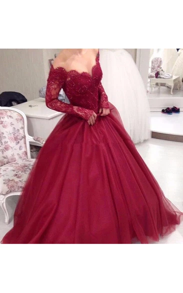 Ball Gown Lace Tulle Off-the-shoulder Long Sleeve Zipper Low-V Back Dress