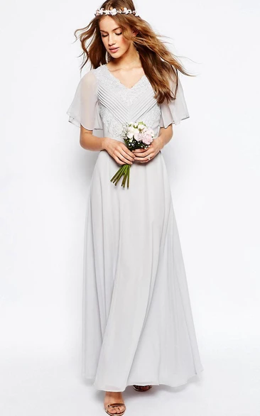 Ankle-Length Ruched V-Neck Poet Sleeve Chiffon Bridesmaid Dress With Appliques