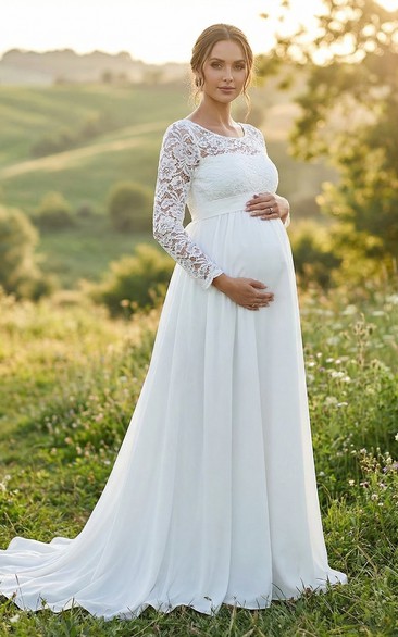 White Long Sleeve Lace Maternity Wedding Dress with Scoop Neck