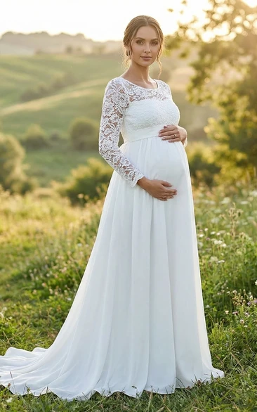 White Long Sleeve Lace Maternity Wedding Dress with Scoop Neck