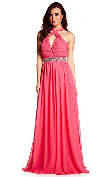 Floor-Length Ruched Sleeveless Halter Chiffon Prom Dress