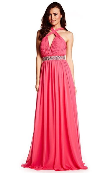 Floor-Length Ruched Sleeveless Halter Chiffon Prom Dress