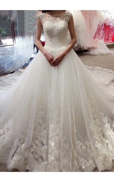 Ball Gown Cap Sleeve Bateau Applique Court Train Lace Tulle Princess Wedding Dresses