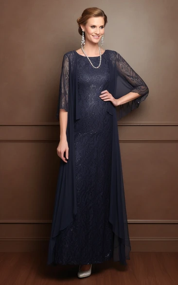 Scoop-neck Dark Navy Cape Chiffon Sequin Mother of Bride Dress