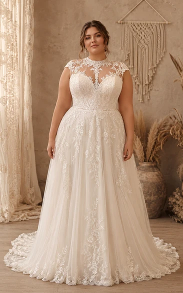 Plus Size Modest A-Line Wedding Dress Cap Sleeve High Neck Tulle Lace Applique Floor Length Chapel Train Ivory