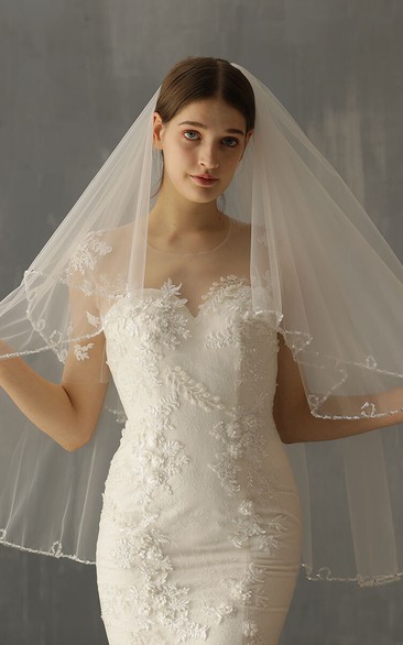 Original Handmade Chic Two Tier Fingertip Veil with Beads Trim