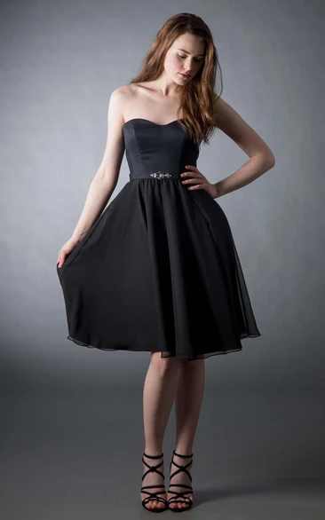 Short A-Line Jeweled Strapless Chiffon Bridesmaid Dress With Button