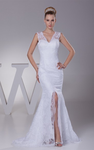 Caped-Sleeve Mermaid V-Neck Front Slit and Dress With Appliques