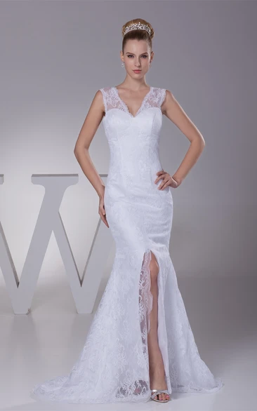 Caped-Sleeve Mermaid V-Neck Front Slit and Dress With Appliques