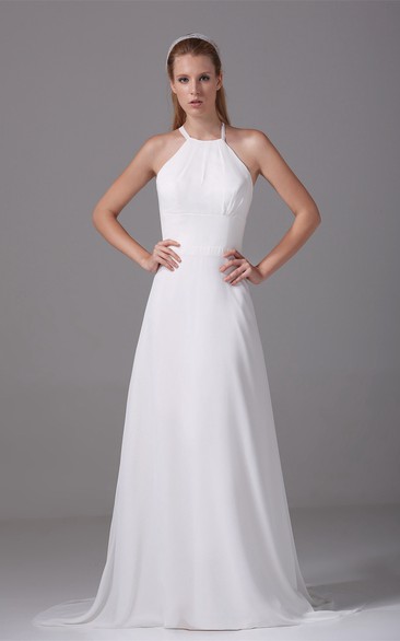 Sleeveless A-Line Long Chiffon Vow Renewal Dress With Halter