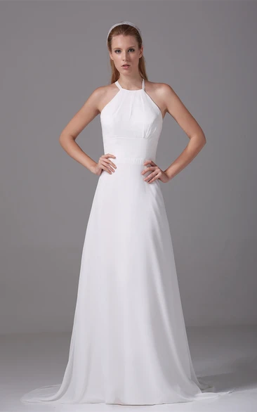 Sleeveless A-Line Long Chiffon Vow Renewal Dress With Halter