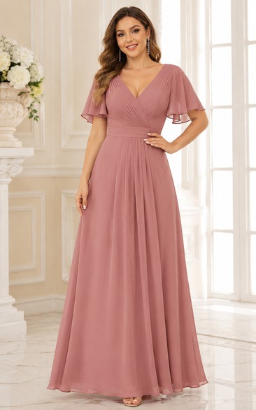 Chiffon Mother of the Bride Dress in Dusty Rose, V-neck A-Line Floor-Length Gown with Pleats