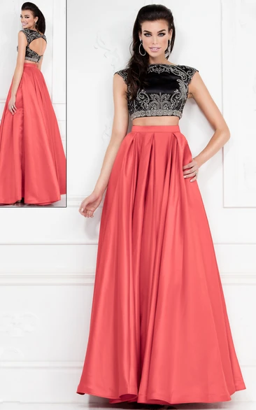Two-Piece A-Line Floor-Length Jewel-Neck Sleeveless Satin Keyhole Dress With Beading