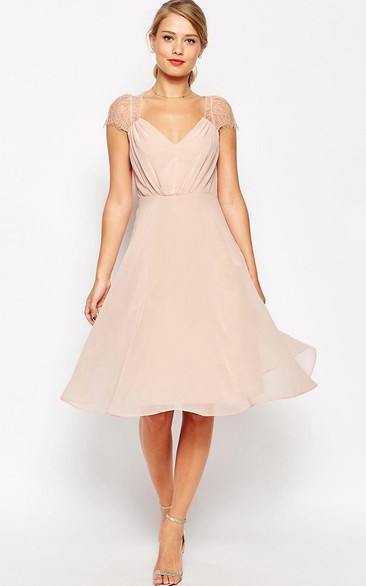 A-Line Knee-Length Ruched Cap Sleeve V-Neck Chiffon Blush Bridesmaid Dress