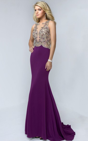 Sheath Maxi Bateau Sleeveless Jersey Illusion Dress With Beading
