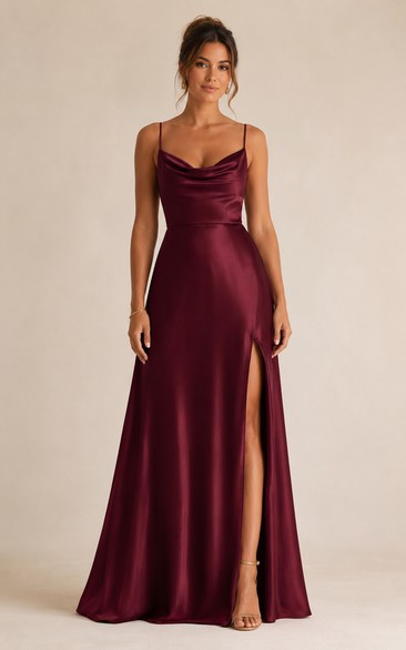 Burgundy Satin Sheath Cowl Neck Bridesmaid Dress with Front Split